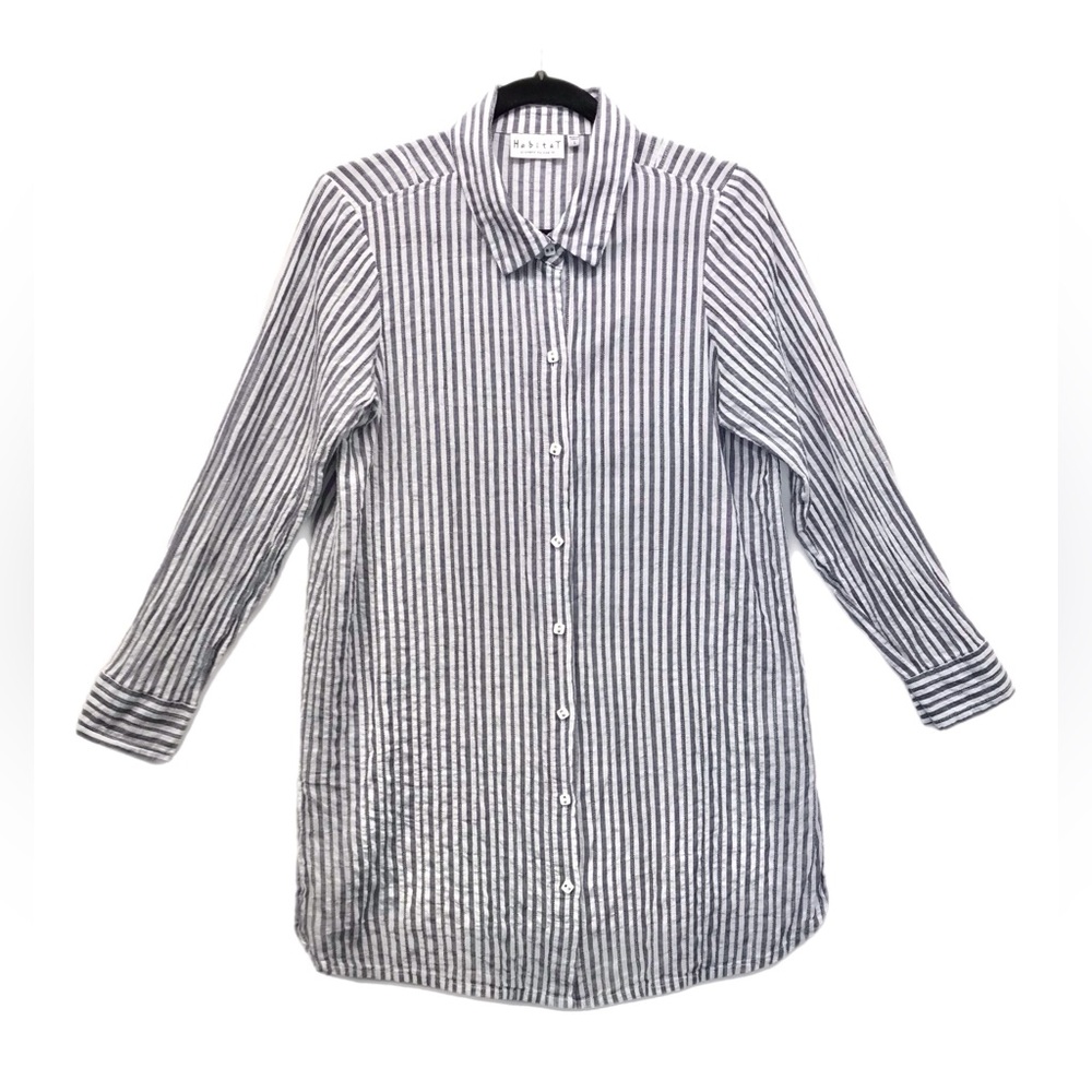 Habitat Top Shirt Womens S Blue White Stripe Button Textured Gauze Lagenlook‎